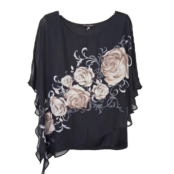 Sara Michelle Tops - Floral Mesh Overlay‎ Blouse Batwing Cold Shoulder Asymmetrical Hem Size 2X Fairy